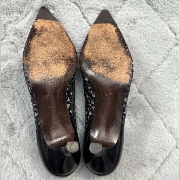 Vintage Stuart Weitzman Black Leather Mesh Kitten Heels Size 9.5 Bow Detail - Picture 11 of 14